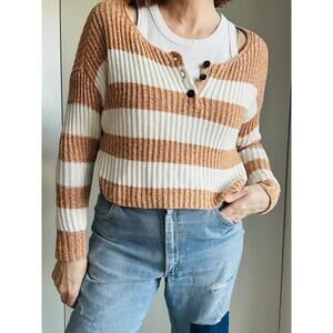 American Eagle Womens Sweater Size XS Striped Cropped henley Style Long Sleeve
